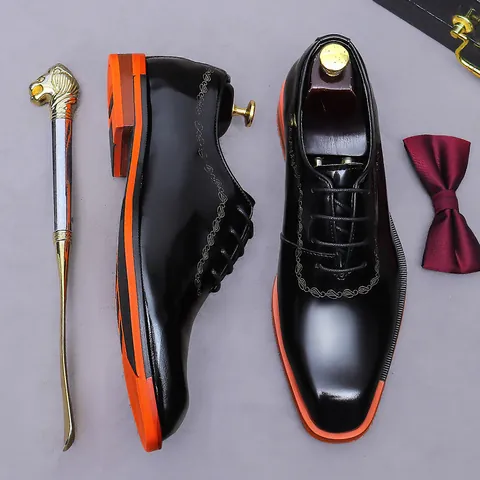 Men's Business Dress Shoes Genuine Cowhide Leather Polished Oxford Wedding Groom Shoes Contrast Orange Sole Professional Office Footwear