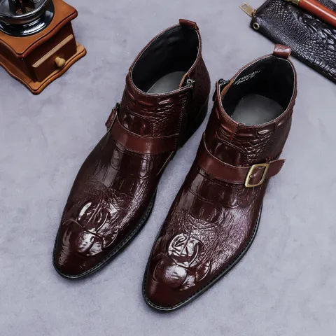 Men's Crocodile Pattern Genuine Cowhide Leather Martin Boots Vintage British Business Casual Monk Strap Buckle Side Zipper High Top Ankle Boots