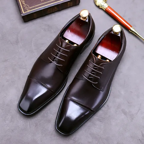 Men Genuine Cowhide Leather Business Dress Shoes Cap-Toe Lace-Up Formal Office Wedding Oxford Shoes Professional Gentleman Footwear
