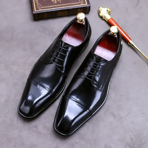 Men Genuine Cowhide Leather Business Dress Shoes Cap-Toe Lace-Up Formal Office Wedding Oxford Shoes Professional Gentleman Footwear