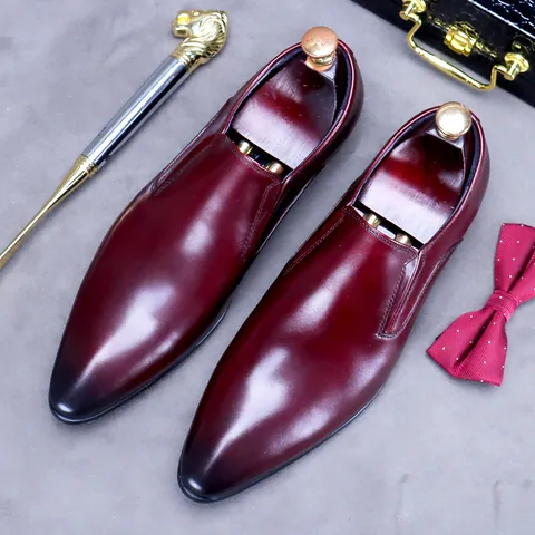 Men Formal Leather Shoes Genuine Cowhide Slip-on Business Loafers Classic Pointed Toe Burnished Dress Shoes For Office Wedding