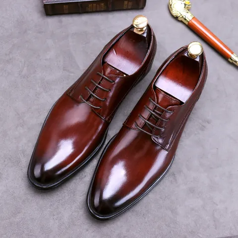 Men Business Genuine Leather Derby Shoes British Style Brogue Carving Pointed Toe Lace Up Formal Dress Shoes For Wedding Banquet