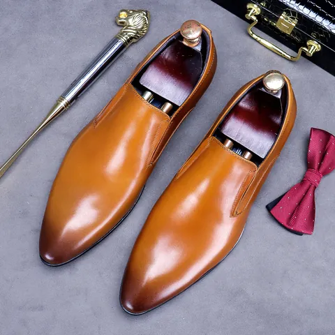Men Formal Leather Shoes Genuine Cowhide Slip-on Business Loafers Classic Pointed Toe Burnished Dress Shoes For Office Wedding