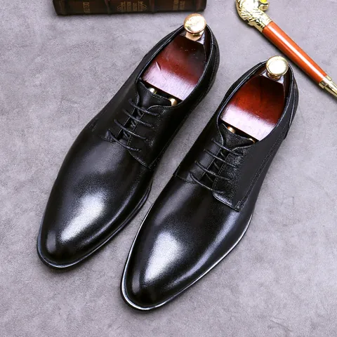 Men Business Genuine Leather Derby Shoes British Style Brogue Carving Pointed Toe Lace Up Formal Dress Shoes For Wedding Banquet