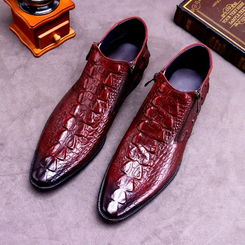 Stivaletti da Uomo in Pelle di Vacchetta con Goffratura Coccodrillo Punta Appuntita Cerniera Laterale Scarpe Classiche da Business