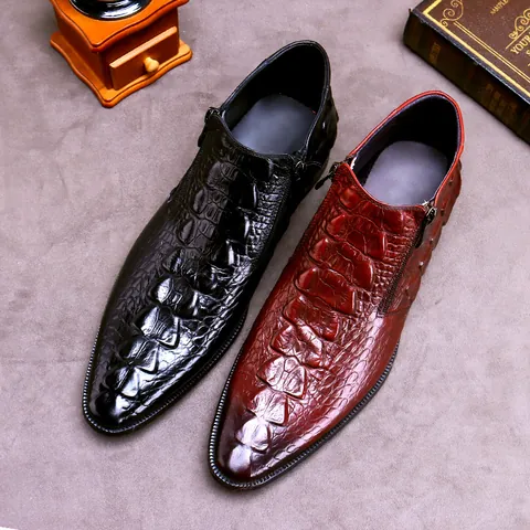 Stivaletti da Uomo in Pelle di Vacchetta con Goffratura Coccodrillo Punta Appuntita Cerniera Laterale Scarpe Classiche da Business