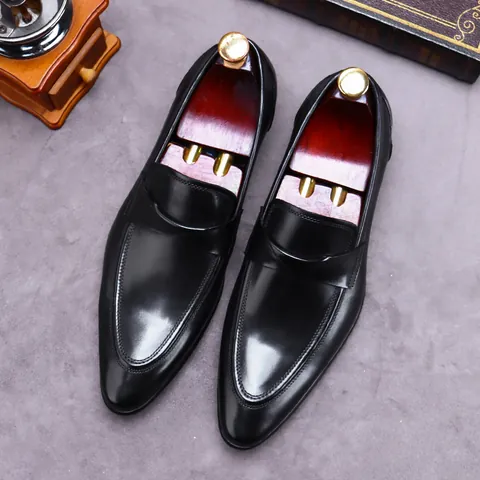 Men's British Retro Business Formal Leather Loafers Genuine Cowhide Leather Shoes For Wedding Party Slip On Dress Shoes