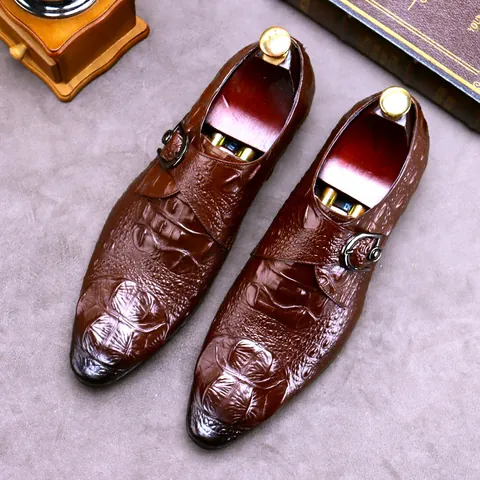 Men's Crocodile Pattern Cowhide Leather Monk Strap Business Formal Shoes Pointed Toe Low Top Rubber Sole Dress Shoes