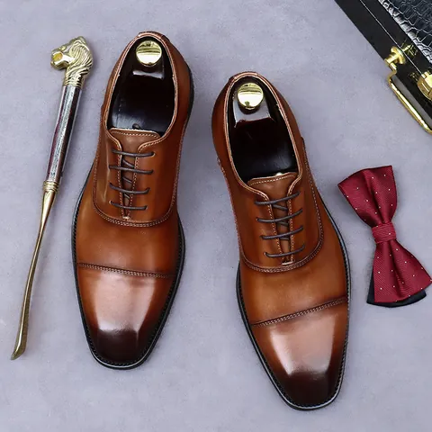 Scarpe Oxford da Uomo in Vera Pelle Business Cap-toe Primo Strato Pelle di Vacchetta Scarpe Formali per Matrimonio Ufficio Gentleman