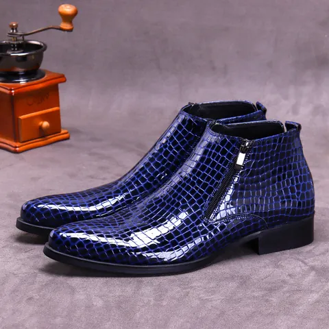 Men Business Pointed Toe Leather Boots Crocodile Embossed Side Zipper Cowhide Formal Dress Shoes Luxury Low Top Footwear