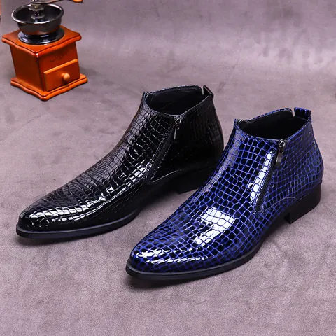 Men Business Pointed Toe Leather Boots Crocodile Embossed Side Zipper Cowhide Formal Dress Shoes Luxury Low Top Footwear