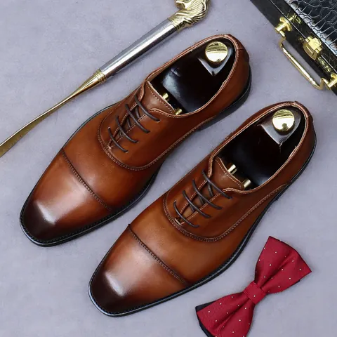 Men Genuine Leather Oxford Shoes Cap Toe Lace Up Formal Business Dress Shoes Classic British Style Professional Office Wedding Gentleman Shoes