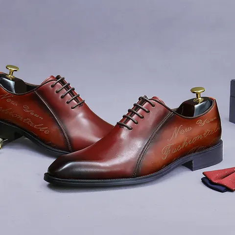 Men Genuine Cowhide Leather Oxford Shoes Business Formal Dress Shoes Vintage Gradient Patina Lace Up Wedding Party Gentleman Footwear