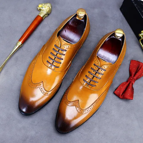 Men Genuine Leather Brogue Wingtip Oxford Shoes Vintage Carved Formal Business Dress Shoes For Banquet Office Brown Black