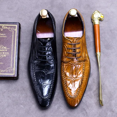 Men's Business Dress Shoes Cowhide Crocodile Embossed Pointed Toe Lace Up Formal Brogue Oxford Shoes For Men Office Banquet