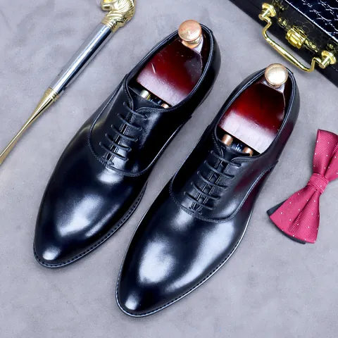 Men Business Cowhide Leather Oxford Shoes Formal Dress Shoes For Wedding Office Lace Up Burnished Toe Classic Gentleman Footwear