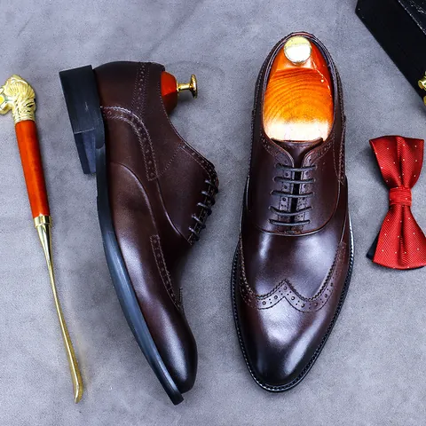 Men Genuine Leather Brogue Wingtip Oxford Shoes Vintage Carved Formal Business Dress Shoes For Banquet Office Brown Black