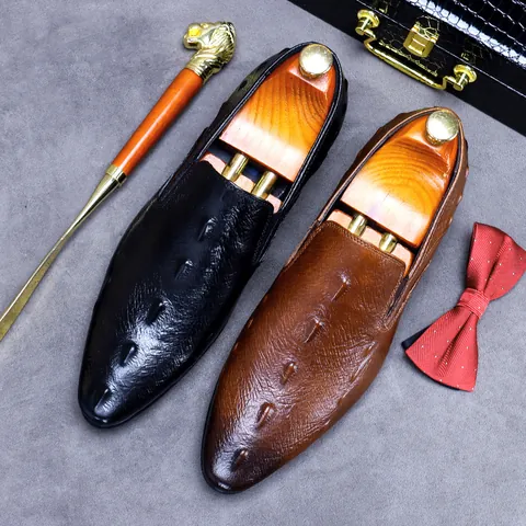 Men Genuine Cowhide Leather Business Dress Shoes Crocodile Embossed Pointed Toe Slip-on Loafers Formal Wedding Office Footwear
