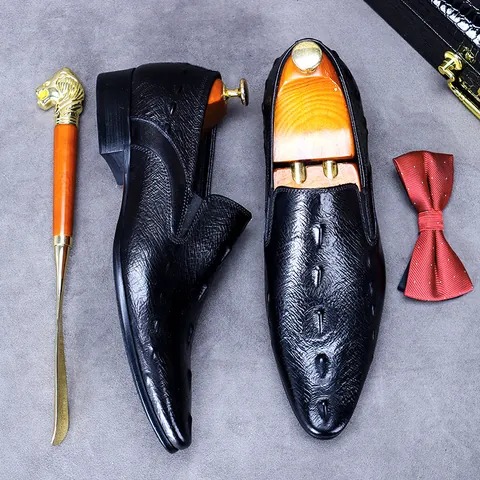 Men Genuine Cowhide Leather Business Dress Shoes Crocodile Embossed Pointed Toe Slip-on Loafers Formal Wedding Office Footwear