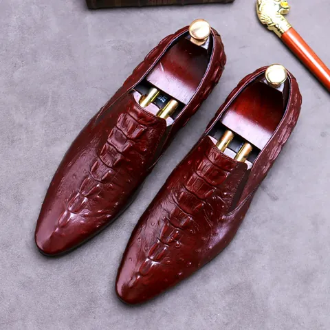 Scarpe Formale da Uomo con Motivo Coccodrillo a Punta in Pelle di Vacchetta Mocassini di Lusso per Affari Festa Banchetto