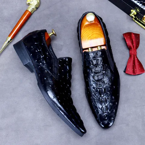 Scarpe Formale da Uomo con Motivo Coccodrillo a Punta in Pelle di Vacchetta Mocassini di Lusso per Affari Festa Banchetto