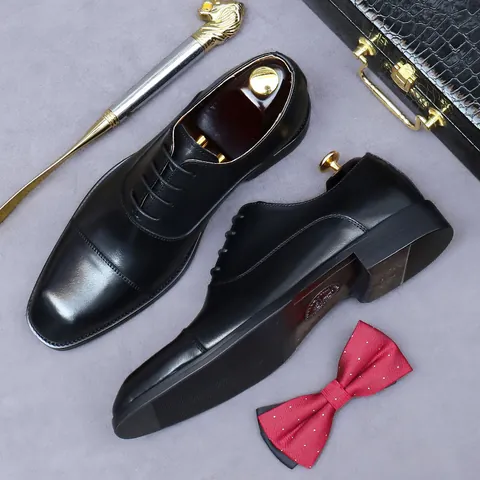Men Genuine Leather Oxford Shoes Cap Toe Lace Up Formal Business Dress Shoes Classic British Style Professional Office Wedding Gentleman Shoes