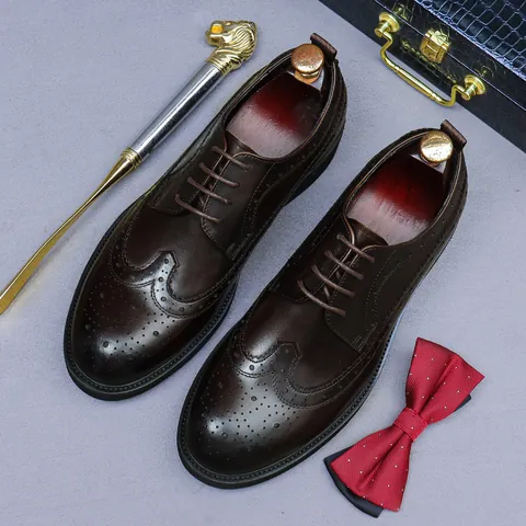 Men Genuine Cowhide Leather Brogue Dress Shoes Wingtip Carved Business Formal Oxford Shoes Vintage British Style Gentleman Footwear