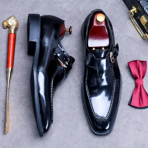Men's Single Monk Strap Formal Leather Shoes Cowhide Upper Square Toe Office Wedding Business Party Dress Shoes For Gentlemen