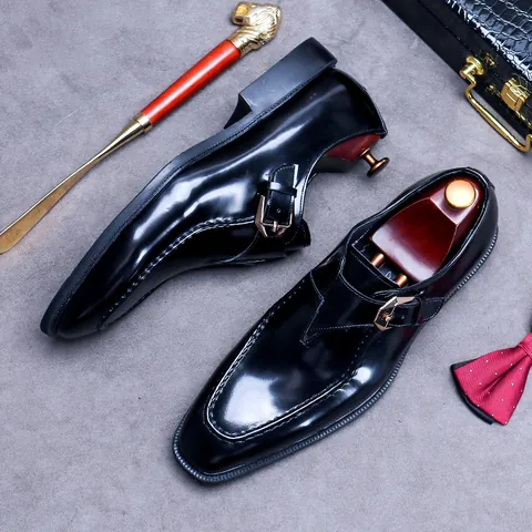 Men's Single Monk Strap Formal Leather Shoes Cowhide Upper Square Toe Office Wedding Business Party Dress Shoes For Gentlemen