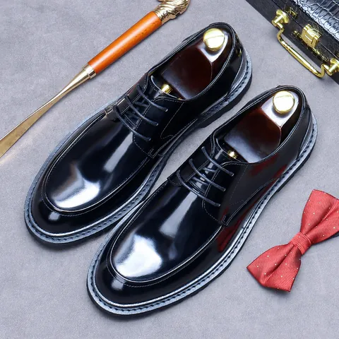 Men's Cowhide Leather Derby Shoes Mirror Shine Business Formal Dress Shoes British Style Lace-up Round Toe Office Wedding