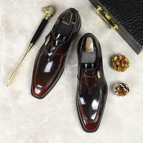 Scarpe da Uomo in Pelle Monk Strap Business Pelle di Vacchetta Lucida Scarpe Stringate Formali Con Fibbia Oro Ufficio