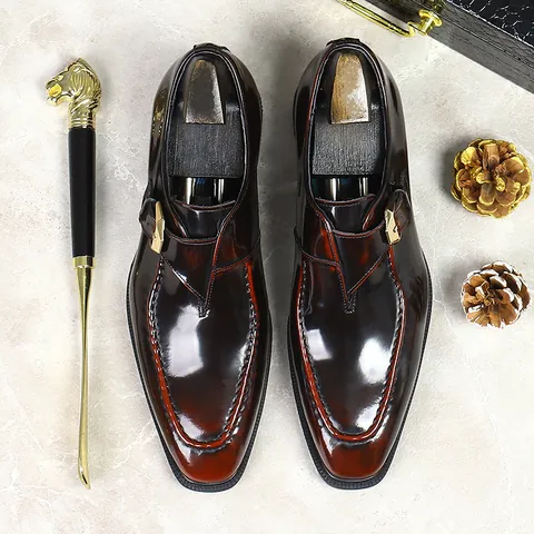 Scarpe da Uomo in Pelle Monk Strap Business Pelle di Vacchetta Lucida Scarpe Stringate Formali Con Fibbia Oro Ufficio