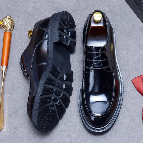 Men's Cowhide Leather Derby Shoes Mirror Shine Business Formal Dress Shoes British Style Lace-up Round Toe Office Wedding