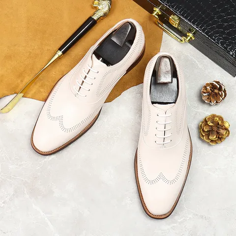 Men's Genuine Cowhide Leather Brogue Wingtip Oxford Shoes British Style Business Formal Wedding Lace-up Dress Shoes White Beige