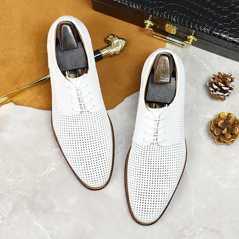 Zapatos Derby de Cuero de Vaca Genuino para Hombre Calados Transpirables Business Casual Calzado Formal Con Suela de Caucho para Boda y Oficina