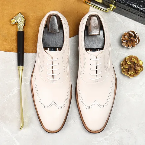 Men's Genuine Cowhide Leather Brogue Wingtip Oxford Shoes British Style Business Formal Wedding Lace-up Dress Shoes White Beige