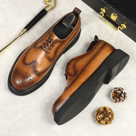 Men Vintage Brogue Leather Shoes Cowhide Wingtip Height Increasing Platform Business Casual Lace-up Oxford Derby Shoes