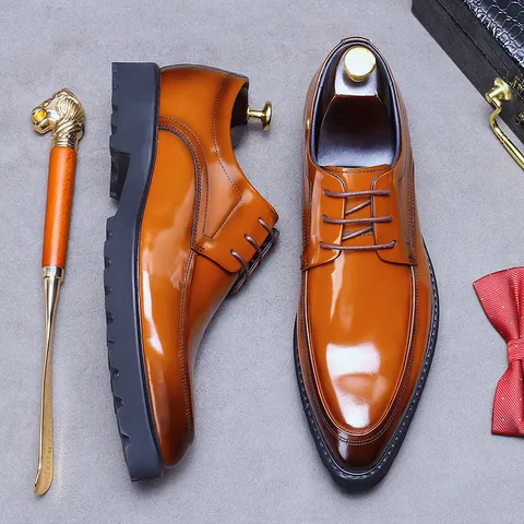 Men's Glossy Cowhide Leather Dress Shoes Vintage Pointed Toe Derby Shoes Thick Lug Sole Lace Up Business Wedding Office Footwear
