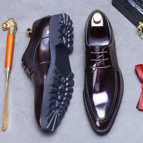Men's Glossy Cowhide Leather Dress Shoes Vintage Pointed Toe Derby Shoes Thick Lug Sole Lace Up Business Wedding Office Footwear