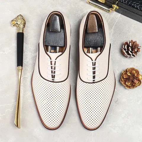 Men's First Layer Cowhide Business Formal Shoes Hollow Perforated Breathable Oxford Brogue Shoes For Wedding Office Gentleman
