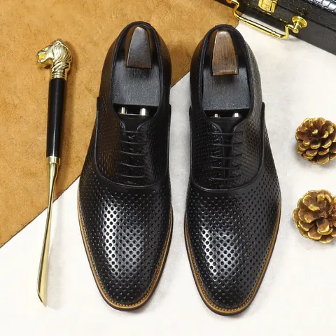 Men's Business Oxford Shoes Genuine Cowhide Leather Perforated Breathable Formal Wedding Gentleman Hollow Out Brogue Shoes