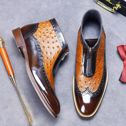 Men's Genuine Cowhide Leather Martin Boots Vintage British Style Brogue Carved Ostrich Grain Front Zipper Pointed Toe Business Formal Short Boots