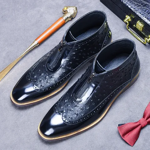 Men's Genuine Cowhide Leather Martin Boots Vintage British Style Brogue Carved Ostrich Grain Front Zipper Pointed Toe Business Formal Short Boots