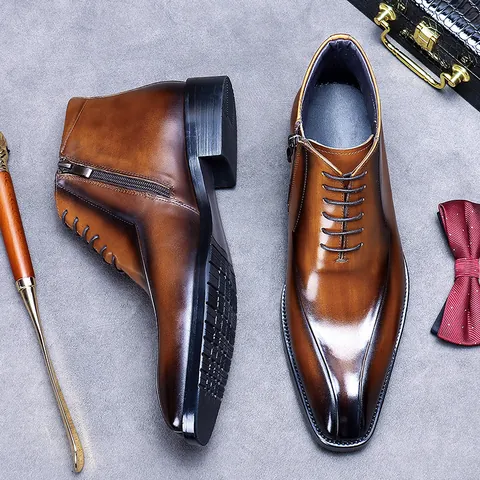 Men's Genuine Cowhide Leather Martin Boots British Style Formal Pointed Toe Business Lace-up Side Zipper Ankle Boots
