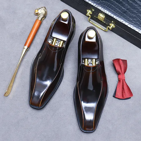 Men's Cowhide Genuine Leather Business Formal Shoes Pointed Toe Slip-on Loafers For Office Wedding Banquet Gentleman Shoes