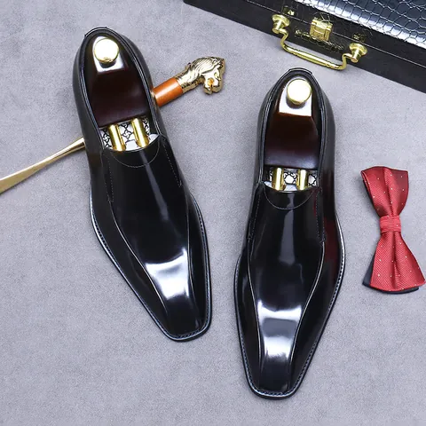 Men's Cowhide Genuine Leather Business Formal Shoes Pointed Toe Slip-on Loafers For Office Wedding Banquet Gentleman Shoes