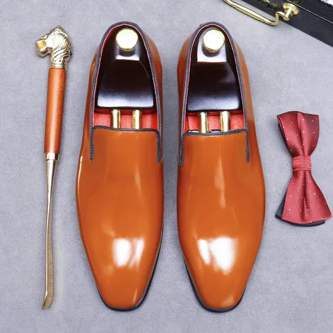 Men's Formal Business Shoes Glossy Top Grain Cowhide Leather Loafers Pointed Toe Slip On Dress Shoes For Wedding Banquet Gentlemen
