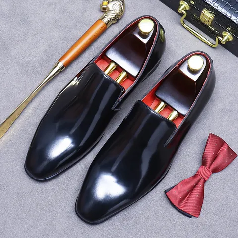 Men's Formal Business Shoes Glossy Top Grain Cowhide Leather Loafers Pointed Toe Slip On Dress Shoes For Wedding Banquet Gentlemen