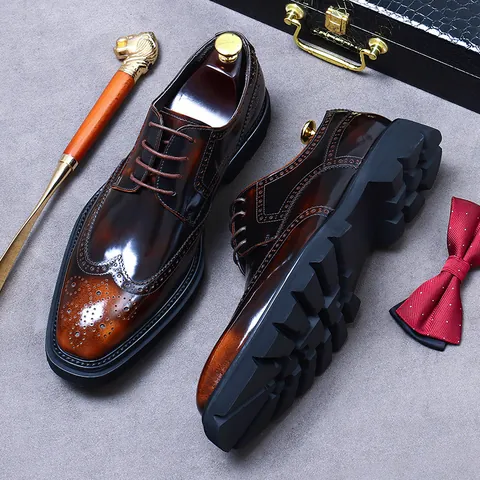 Men's British Style Top Layer Cowhide Derby Shoes Brogue Wingtip Formal Business Wedding Shoes Thick Sole Height Increasing Leather Shoes