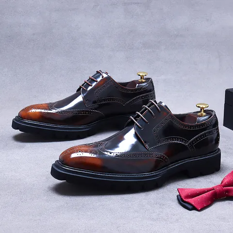 Men's British Style Top Layer Cowhide Derby Shoes Brogue Wingtip Formal Business Wedding Shoes Thick Sole Height Increasing Leather Shoes